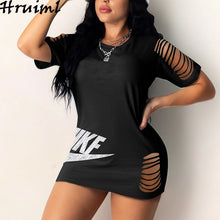 Charger l&#39;image dans la galerie, Black Dress Women Summer Half Sleeve O-neck Hole Letter Print Fashion Plus Size Dress Evening Party Sexy Dress Female Mini
