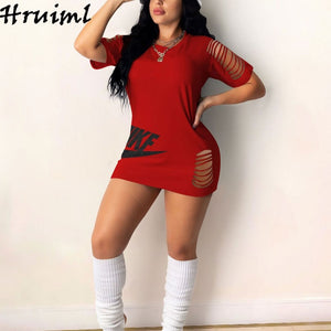 Black Dress Women Summer Half Sleeve O-neck Hole Letter Print Fashion Plus Size Dress Evening Party Sexy Dress Female Mini