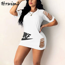Charger l&#39;image dans la galerie, Black Dress Women Summer Half Sleeve O-neck Hole Letter Print Fashion Plus Size Dress Evening Party Sexy Dress Female Mini

